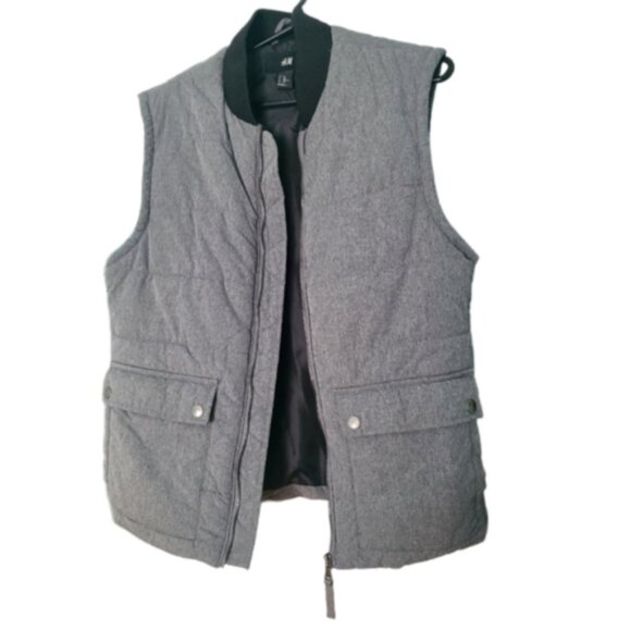 H&M Men's Grey Quilted Bomber Puffer Vest Lined Warm Outerwear Streetwear - Picture 2 of 6